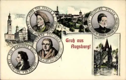 Ak Augsburg in Schwaben, Perlachturm, Rathaus, Jakob von Fugger, Konrad Peutinger