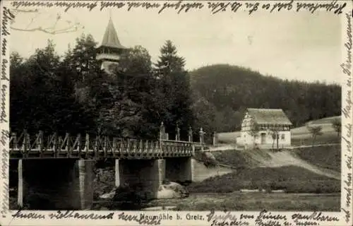 Ak Neumühle an der Elster Greiz in Thüringen, Elsterbrücke, Glockenturm