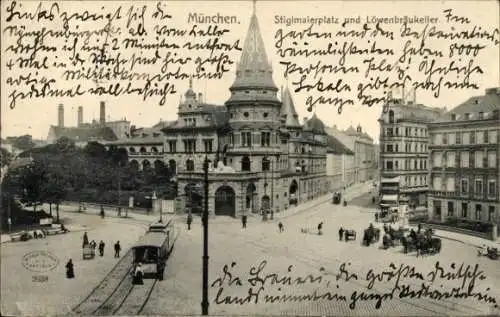 Ak München Bayern, Stiglmaierplatz, Löwenbräukeller, Straßenbahn
