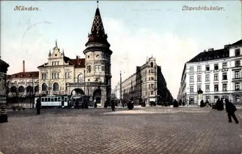 Ak München, Blick zum Löwenbräukeller, Straßenbahn