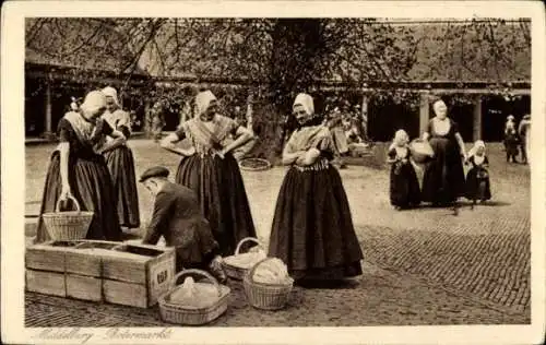 Ak Middelburg Zeeland Niederlande, Bodermarkt, niederländische Volkstracht