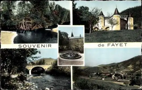 Ak Fayet Aveyron, Gouffre de Madame, Schloss, Pont sur le Dourdou, Cour d'Honneur du Chateau