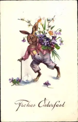 Ak Glückwunsch Ostern, Vermenschlichter Hase mit Blumen