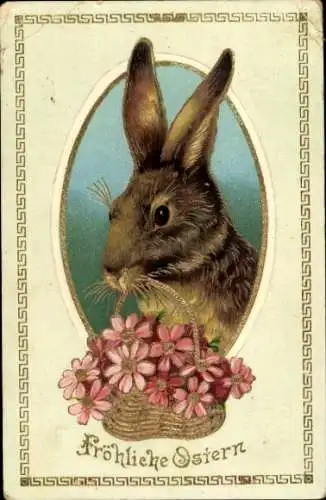 Präge Litho Glückwunsch Ostern, Hase mit Blumenkorb