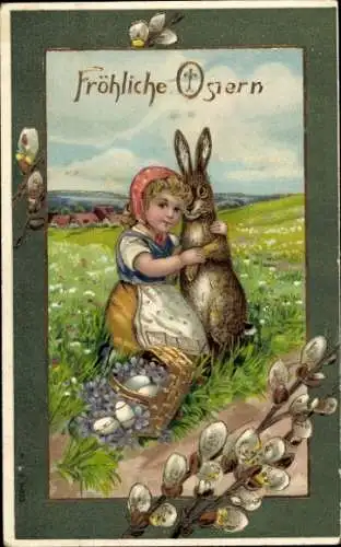 Präge Litho Glückwunsch Ostern, Mädchen umarmt einen Hasen, Weidenkätzchen