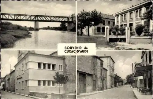 Ak Cuxac d'Aude, Brücke, Schulen, les Bains douches, Rue Jean-Jaures