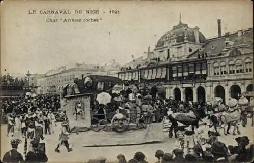 Ak Nice Nizza Alpes Maritimes, Karneval 1921, Char Arretez cocher