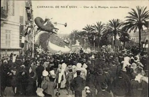 Ak Nice Nizza Alpes Maritimes, Karneval, char de la Musique, Avenue Massena