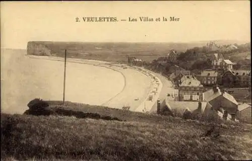 Ak Veulettes sur Mer Seine Maritime, Villen, Meer, Strand, Steilküste