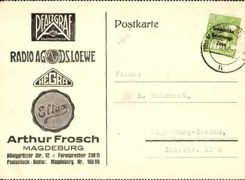 Ak Magdeburg, Geschäft Arthur Frosch, Pfalzgraf Akkumulatoren, Hegra, Radio AG D.S. Loewe