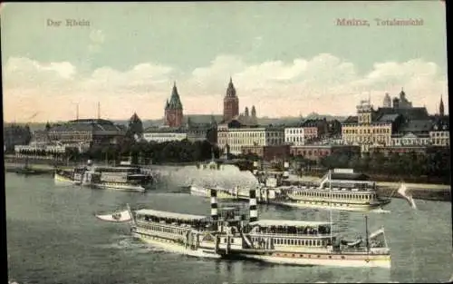 Ak Mainz am Rhein, Teilansicht, Rhein, Schiffe