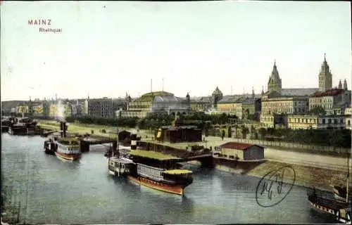 Ak Mainz am Rhein, Rheinquai, Dampfer