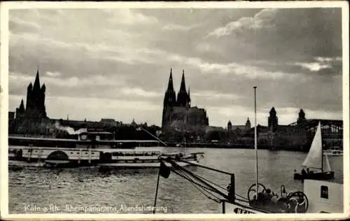 Ak Köln am Rhein, Rheinpanorama, Dom, Segelboot, Abendstimmung