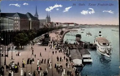 Ak Köln am Rhein, Kaiser Friedrich Ufer, Fahrgastschiff, Promenade, Passanten