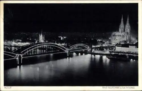 Ak Köln am Rhein, Rheinuferbeleuchtung, Brücke, Dom, Nacht