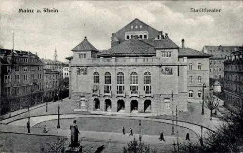 Ak Mainz am Rhein, Neues Stadttheater, Außenansicht, Statue