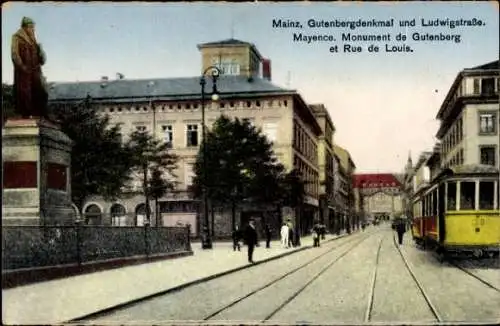 Ak Mainz in Rheinland Pfalz, Gutenbergdenkmal, Ludwigstraße, Straßenbahn 120, Passanten