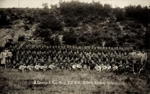 Foto Ak Bitche Bitsch Lothringen Moselle, 3. Comp. 1. Res. Regt. XXI A. K., Gruppenbild, Okt. 1913