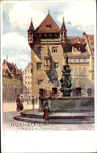 Künstler Ak Nürnberg, Nassauer Haus mit Springbrunnen