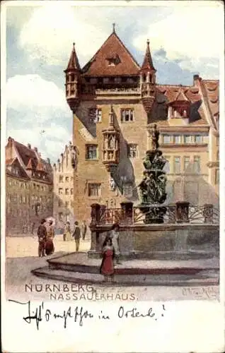 Künstler Ak Nürnberg, Nassauer Haus mit Springbrunnen