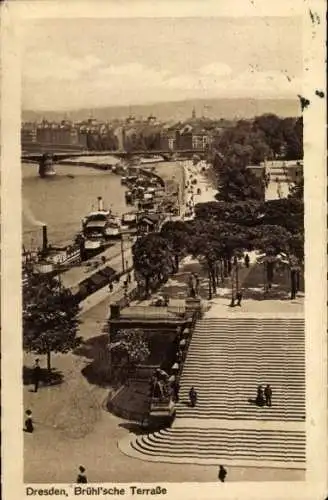 Ak Dresden Altstadt, Brühl'sche Terrasse, Panorama, Schiffe, Brücke