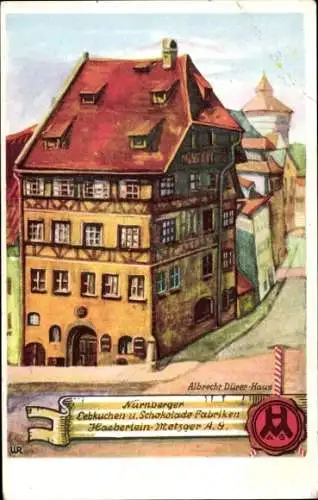 Künstler Ak Nürnberg Bayern, Blick auf das Albrecht Dürer Haus, Lebkuchenfabrik Haeberlein Metzger