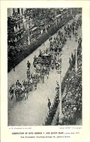 Ak London England, Coronation of King George V. and Queen Mary 1911, through St. James´s Street