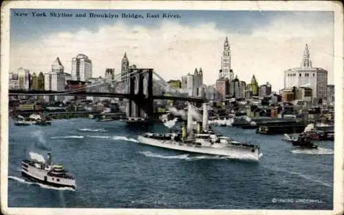 Ak Manhattan New York City USA, Skyline, Brooklyn Bridge