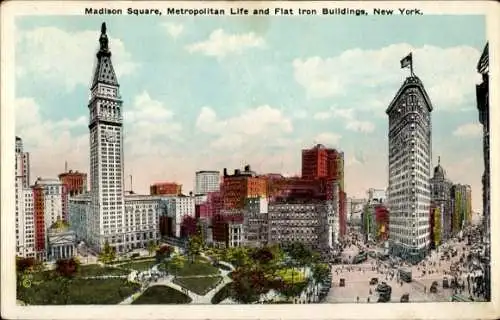 AK New York, Vereinigte Staaten, Madison Square, Metropolitan Life und Flat Iron Buildings