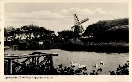 Ak Nordseebad Norderney Ostfriesland, Napoleonschanze, Windmühle, Schwäne