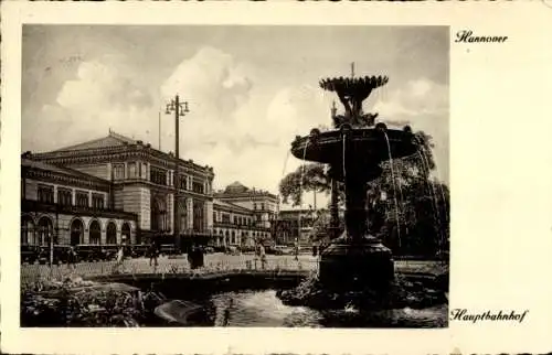 Ak Hannover in Niedersachsen, Hauptbahnhof, Springbrunnen