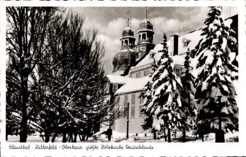 Ak Clausthal Zellerfeld im Oberharz, größte Holzkirche Deutschlands, Winter