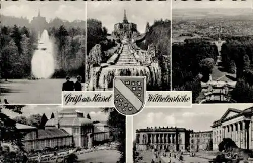 Ak Bad Wilhelmshöhe Kassel in Hessen, Schloss, Große Fontaine, Herkules u. Kaskaden, Wappen