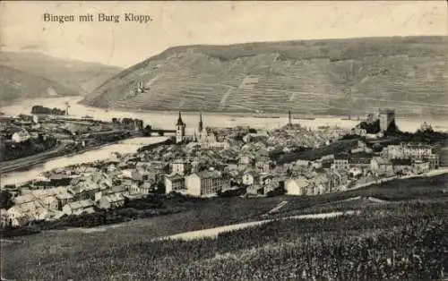 Ak Bingen am Rhein, Gesamtansicht, Burg Klopp