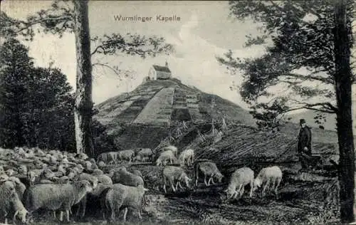 Ak Wurmlingen Rottenburg am Neckar, Wurmlinger Kapelle, Sankt Remigius Kapelle, Schäfer, Schafe