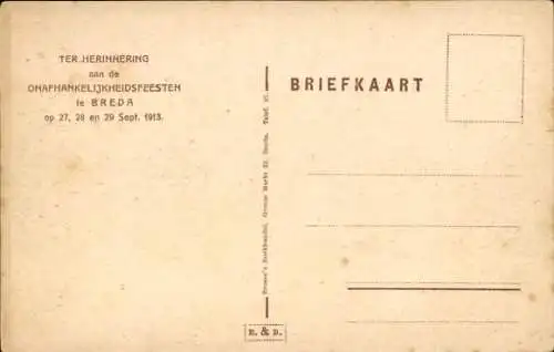 Ak Breda Nordbrabant Niederlande, Unabhängigkeitsfeierlichkeiten, 1913, Schiff