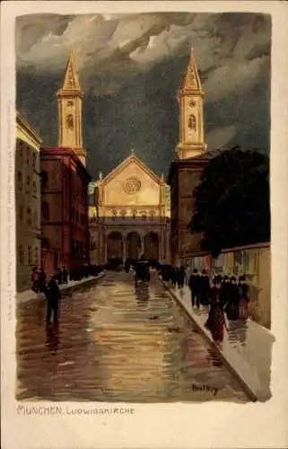 Künstler Litho Hey, Paul, München, Blick zur Ludwigskirche, Straßenpartie am Abend, Ottmar Zieher