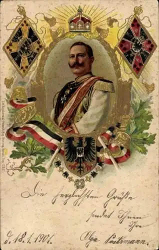 Präge Wappen Litho Kaiser Wilhelm II., Portrait, König von Preußen, Kaiserstandarte