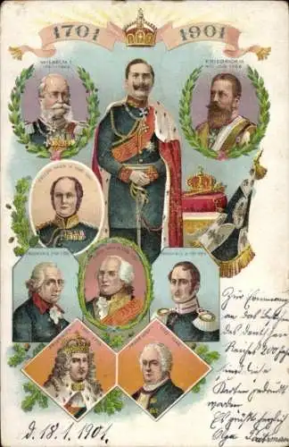 Ak Kaiser Wilhelm II., Wilhelm I, Friedrich III, Kaiserhaus 1701-1901