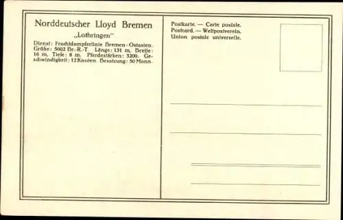 Ak Norddeutscher Lloyd Bremen, Frachtdampfer Lothringen