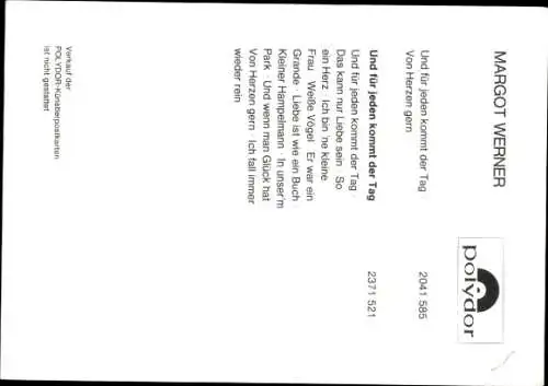 Ak Sängerin Margot Werner, Portrait, Autogramm