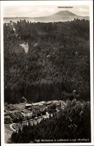 Ak Lorch im Rheingau Hessen, Café Muckensee, Fliegeraufnahme, Hohenstaufen