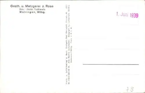 Ak Wehingen in Württemberg, Fliegeraufnahme, Gasth. u. Metzgerei z. Rose