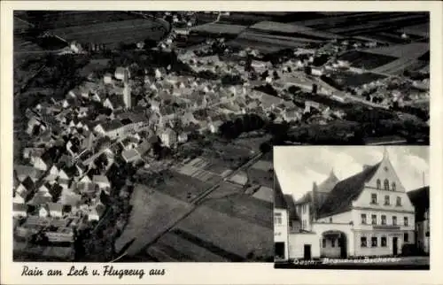 Ak Rain am Lech in Schwaben, Gasthaus und Brauerei, Fliegeraufnahme