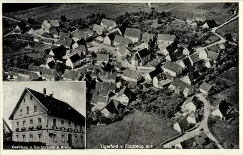 Ak Tigerfeld Pfronstetten in Baden Württemberg, Fliegeraufnahme, Gasthof u. Bierbrauerei zur Krone