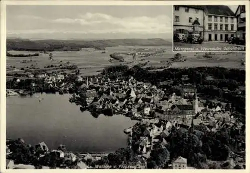 Ak Bad Waldsee in Oberschwaben Württemberg, Fliegeraufnahme, Metzgerei u. Weinstube Schellhorn