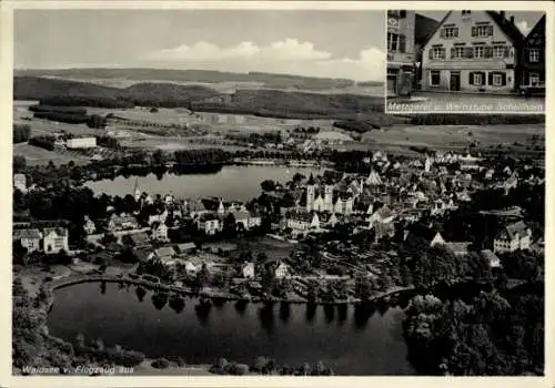 Ak Bad Waldsee in Oberschwaben Württemberg, Fliegeraufnahme, Metzgerei u. Weinstube Schellhorn