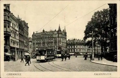 Ak Chemnitz in Sachsen, Falkeplatz, Straßenbahnen