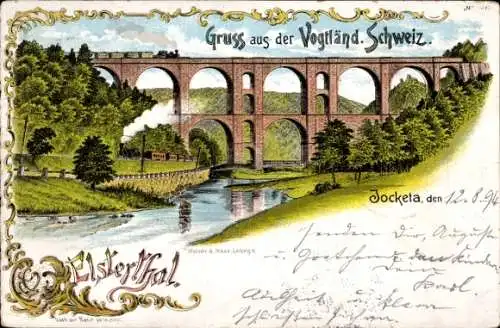 Litho Jocketa Pöhl Vogtland, Elstertal, Viadukt, Flusspartie