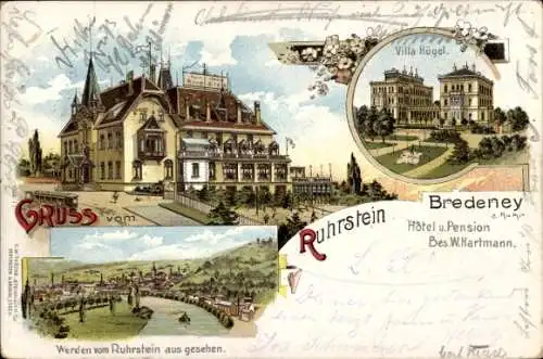 Litho Bredeney Essen im Ruhrgebiet, Villa Hügel, Werden, Blick vom Ruhrstein